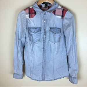F21 denim-effect button-down with red plaid accent